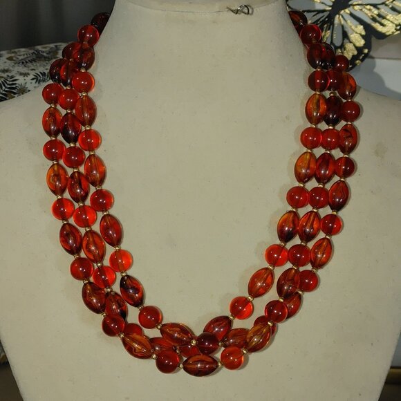 Hobe Necklace Vintage Brown Red Ambar Lucite Bead Gold Tone Accents 54 Inches - Picture 1 of 16